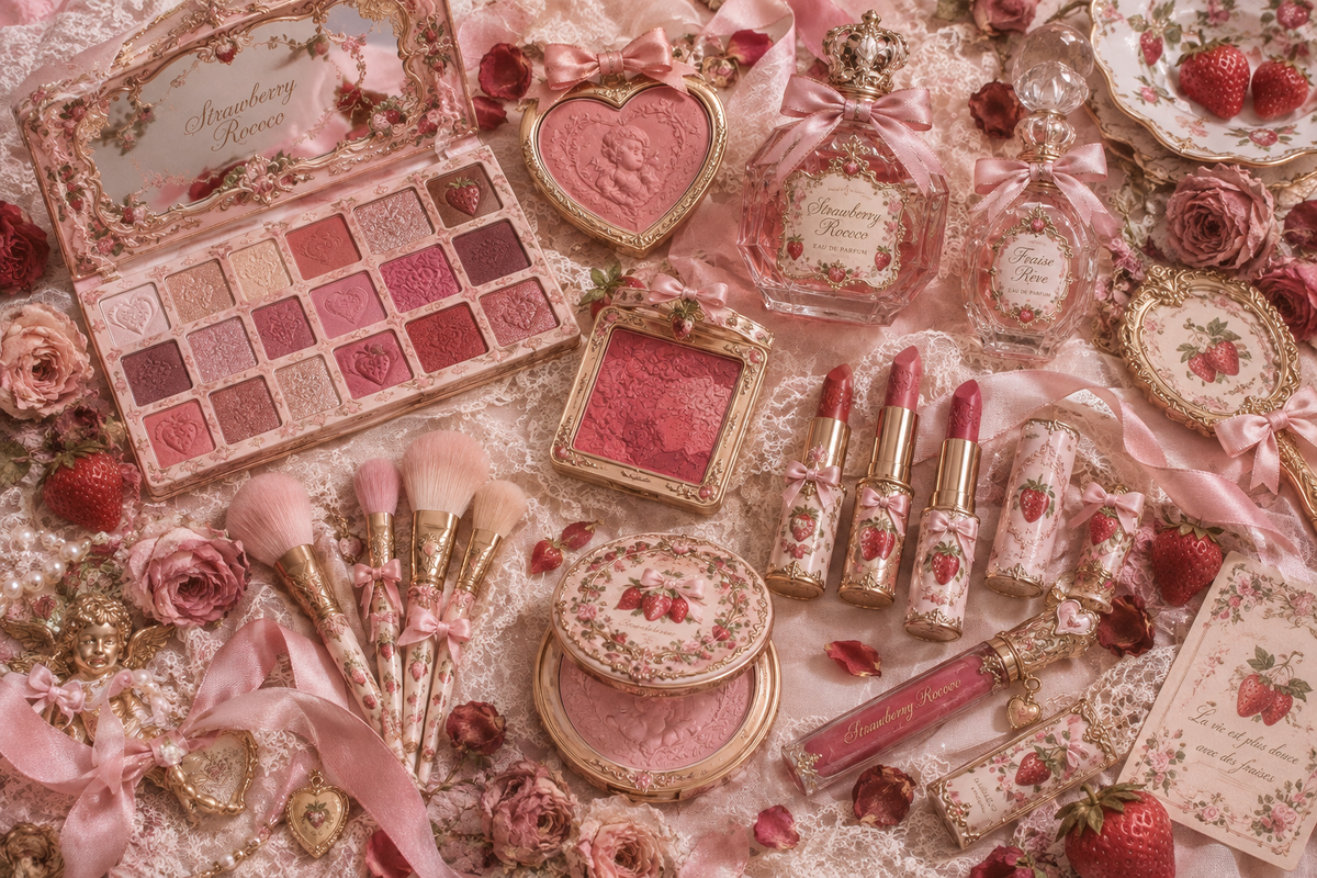 Coquette Strawberry Rococo Makeup Flatlay