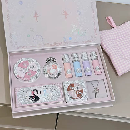 Makeup Kit Include 4 Matte Lipgloss,1 Face Blusher,1 Pressed Powder,1 Eyesshadow Palette,1 Contour Palette with Necklace