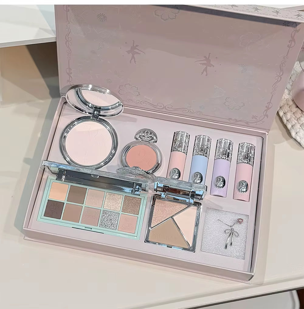 Makeup Kit Include 4 Matte Lipgloss,1 Face Blusher,1 Pressed Powder,1 Eyesshadow Palette,1 Contour Palette with Necklace