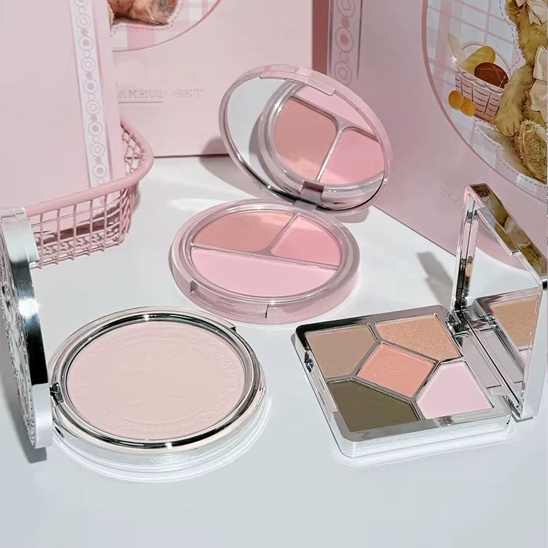 7Pcs Multipurpose Makeup Sets Include 3 Matte Lip Mud,1 Pressed Powder,1 Blush,1 Eyes Palette and Necklace Cosmetics